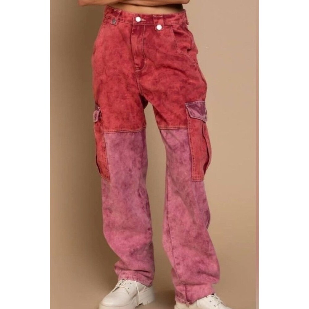 Anthropologie POL Red Pink Mineral Wash Baggy Cargo Pants Jeans Grunge Y2K Large - Picture 3 of 8